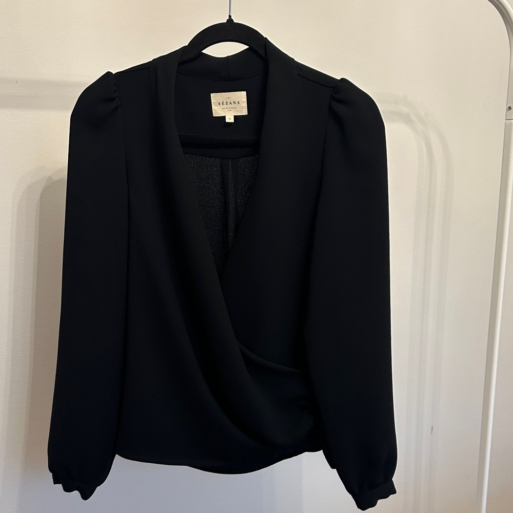Brand new Sezane Black Draped Wrap Blouse with Puff Shoulders